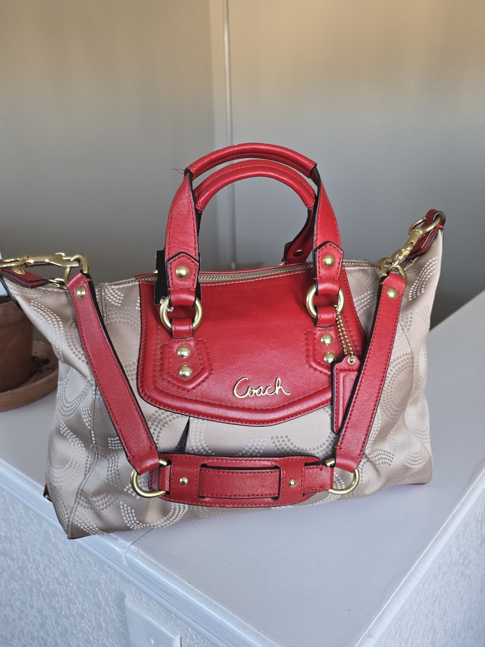 Coach Ashley Dotted Op Art Beige Red Carryall Satchel #F20027